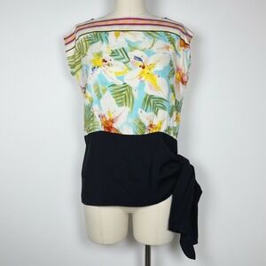 Nicole Miller Studio Silk Blouse Womens Petite P Blue Floral Good Side Tie Cap